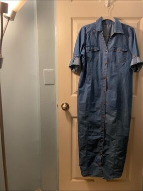 Denim Button-Down Midi Shirt Dress - Blue